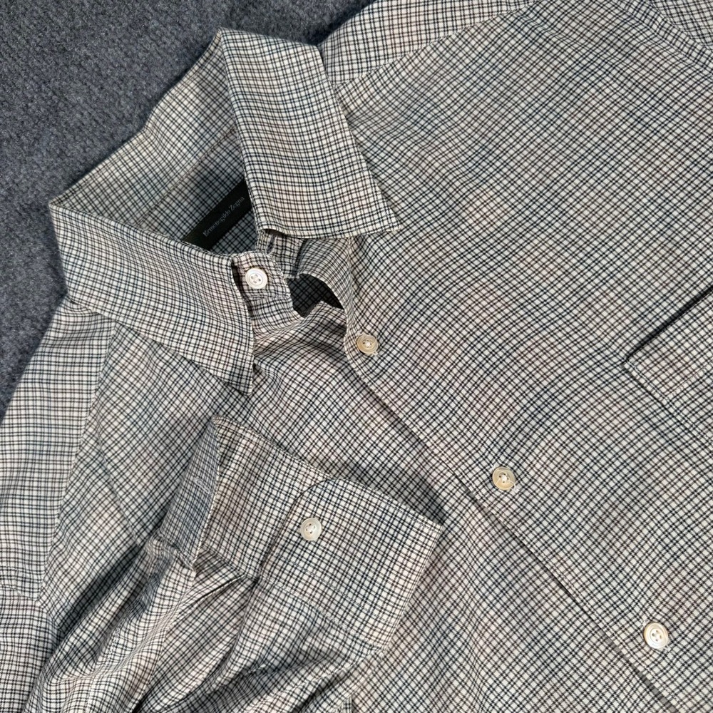 Ermenegildo Zegna Mens Brown Blue Micro Check Button Down Shirt Large IT #4631